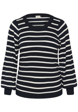 Suéter a rayas azul marino y blanco con cuello redondo, mangas largas y puños acanalados, hecho de una tela suave y texturizada.