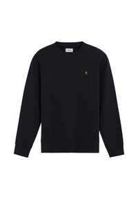 Sudadera negra de manga larga, cuello redondo y un pequeño logo amarillo en el pecho. Tejido suave con una textura lisa.