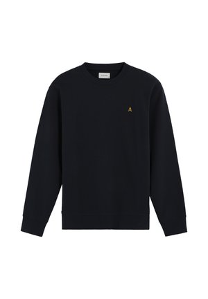 Sudadera negra de manga larga, cuello redondo y un pequeño logo amarillo en el pecho. Tejido suave con una textura lisa.