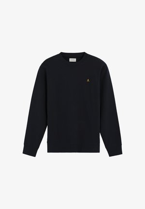Zwarte sweatshirt met lange mouwen, ronde hals en een klein geel logo op de borst. Zachte stof met een gladde textuur.
