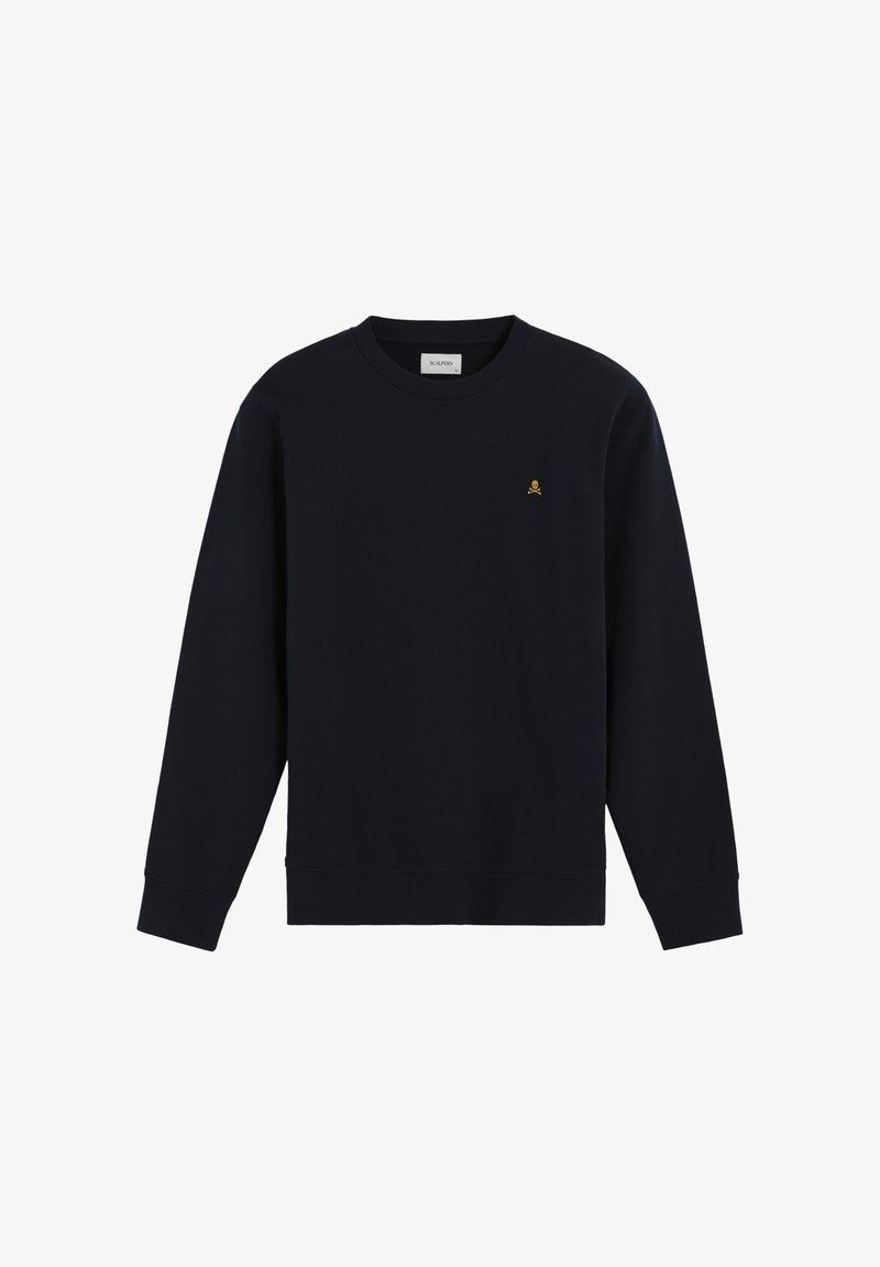 Sweatshirt noir à manches longues, col rond, et un petit logo jaune sur la poitrine. Tissu doux avec une texture lisse.