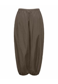 Losse bruine broek met elastische tailleband en elastische boorden, gemaakt van lichtgewicht, licht getextureerde stof.