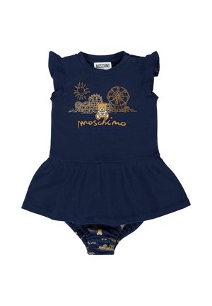Vestido azul marino para bebé con mangas con volantes, estampado de parque de atracciones, gráfico de oso de peluche y el logo de Moschino en texto dorado en el pecho.