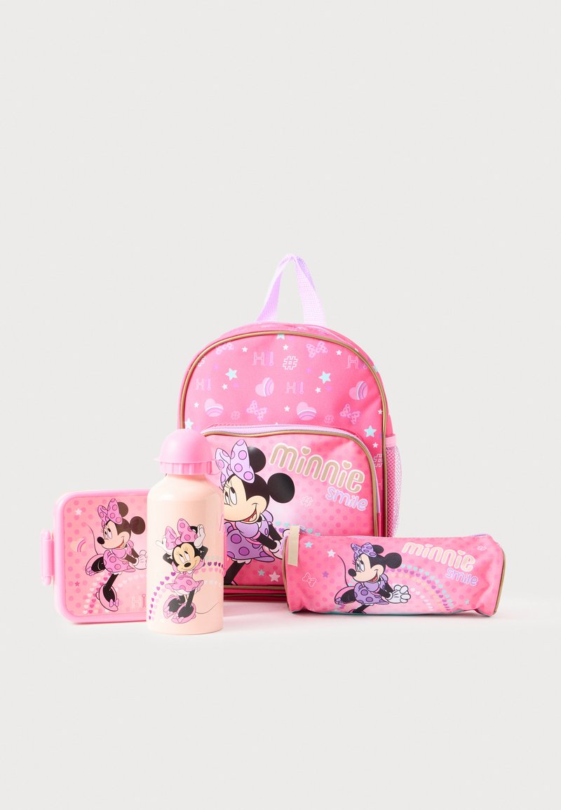 Set of children's accessories featuring a pink backpack, bottle, lunchbox, and pencil case, all with Minnie Mouse graphics and patterns.