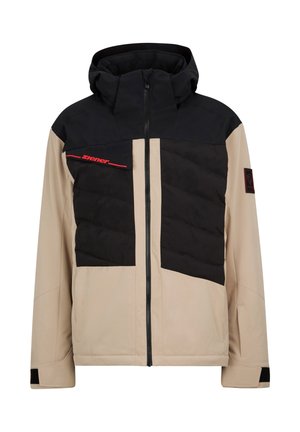 Veste isolante pour homme avec un design en blocs de couleur noir et beige, fermeture éclair à l'avant, capuche ajustable et accents en tissu texturé.