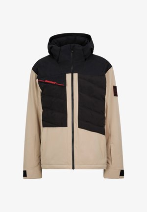 Veste isolante pour homme avec un design en blocs de couleur noir et beige, fermeture éclair à l'avant, capuche ajustable et accents en tissu texturé.