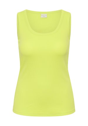 Camiseta sin mangas de color amarillo brillante con escote redondo, textura acanalada y etiqueta de la marca KAFFE curve en el interior del cuello.