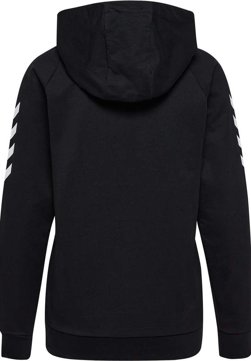 Czarna bluza z kapturem w białe ukośne paski na rękawach, wykonana z miękkiego materiału. Posiada luźny krój oraz ściągacze przy mankietach i u dołu.