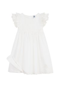 Λευκό βαμβακερό φόρεμα με κοντά μανίκια με βολάν, πλισέ μπούστο και κυματιστό τελείωμα. Διαθέτει διακριτική κεντητή διακόσμηση κοντά στο τελείωμα.