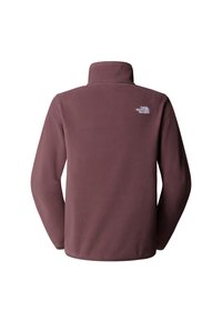 Fleecejack in diep bordeauxrood met lange mouwen, een hoge kraag en een klein wit logo op de bovenrug. Zachte textuur, geen patronen.