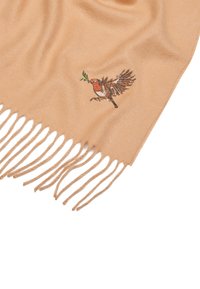 Beige sall, mis pehme kangast, millel on tikitud lind oliivioksaga. Lõpetatud äärtega frantsiisidega.