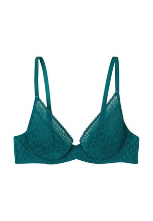 Soutien-gorge en dentelle teal avec des bonnets triangulaires, des motifs floraux délicats, des bretelles réglables et un ourlet festonné le long des bords.