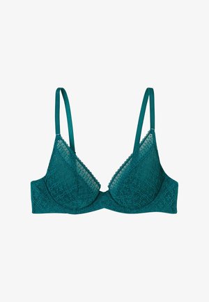 Soutien-gorge en dentelle teal avec des bonnets triangulaires, des motifs floraux délicats, des bretelles réglables et un ourlet festonné le long des bords.