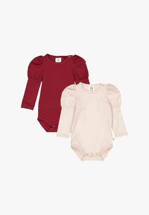 Zwei Langarm-Bodysuits: einer in burgunderrot mit Puffärmel und einer in hellrosa mit ähnlichen Ärmeln. Beide verfügen über Druckknopfverschlüsse.