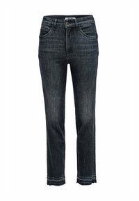 Jeans de mezclilla negra con corte recto, diseño de cinco bolsillos, dobladillo sin terminar y un sutil desgastado. Fabricados con un material de algodón resistente.