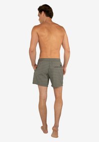 Pantaloni da mare a righe verdi con vita elasticizzata, realizzati in materiale leggero, visti da dietro. Marchio minimale visibile.