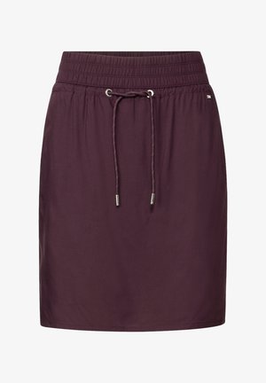 Burgundy hame, jossa on elastinen vyötärö ja säädettävä nyöri. Valmistettu sileästä kankaasta, rennosta leikkauksesta ilman näkyviä kuvioita.