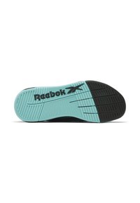 Svart athletic skosåle med et teal gummilag. Har teksturerte gripe-linjer og "Reebok"-logoen fremtredende.