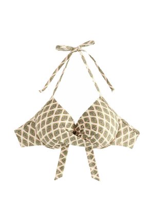 Bikini top s trojúhelníkovými košíčky, vzorovaný zeleným a růžovým geometrickým designem, s posuvnými ramínky a uzlem ve středu.