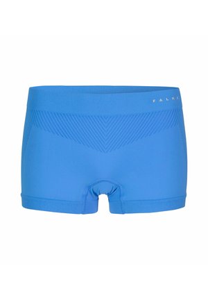 Blauwe naadloze atletische boxershorts met geribde tailleband en subtiel chevronpatroon, met het merk "FALKE" op de tailleband.