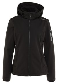 Veste softshell noire avec col montant, fermeture éclair frontale, poches latérales et poche zippée sur le haut du bras. Tissu texturé et design épuré.