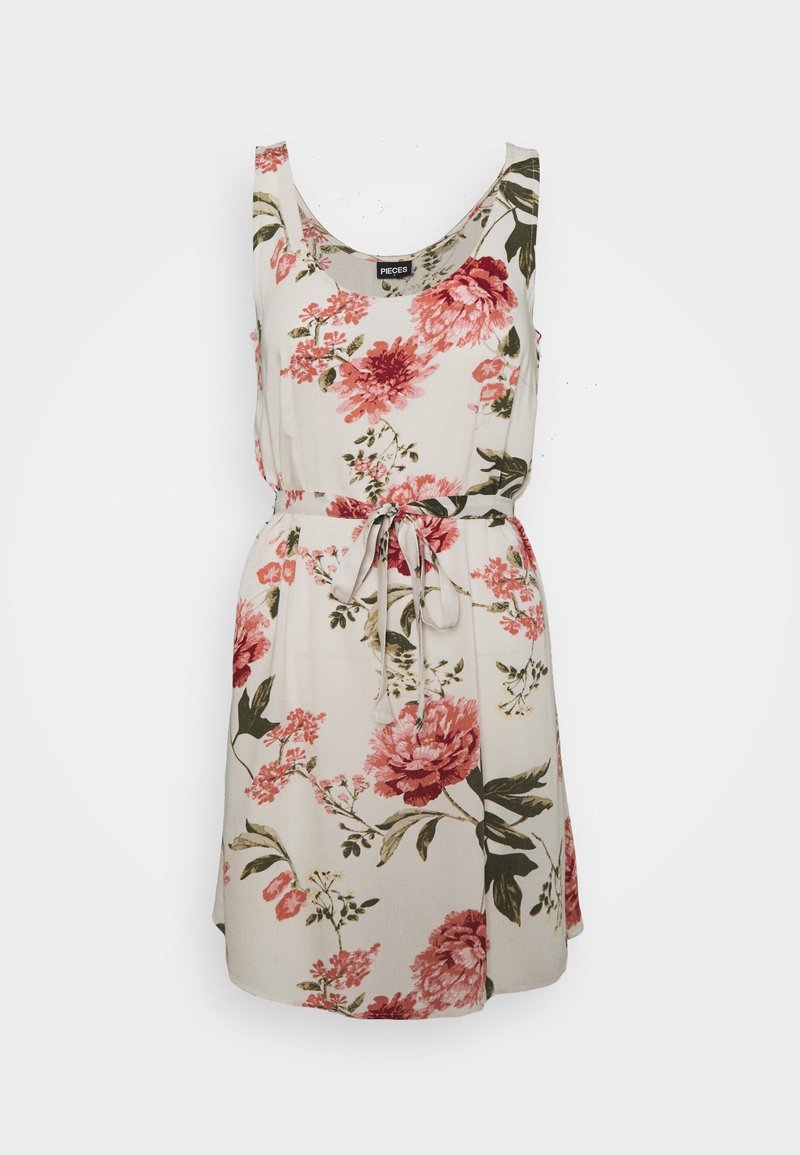 Robe fleurie en tissu beige avec des fleurs roses et vertes, design sans manches, col arrondi et ceinture à la taille pour un ajustement personnalisé.