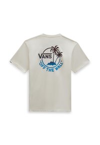 Camiseta Vans de color blanco roto mostrando la parte posterior con palmeras, una isla y el texto "Vans Off The Wall" en negro y azul.
