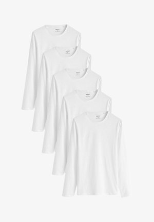 Ensemble de cinq T-shirts à manches longues blancs en mélange de coton, avec encolures rondes et coupe droite. Sans motifs ni accents.