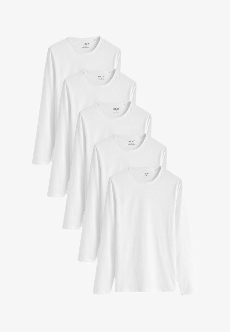 Set med fem långärmade vita T-shirts i bomullsblandning, med rund halsringning och rak passform. Inga mönster eller detaljer.
