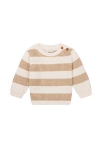 Pull crème clair avec des rayures horizontales beiges, motif de tricot texturé, encolure ronde et deux boutons marron à l'épaule gauche.