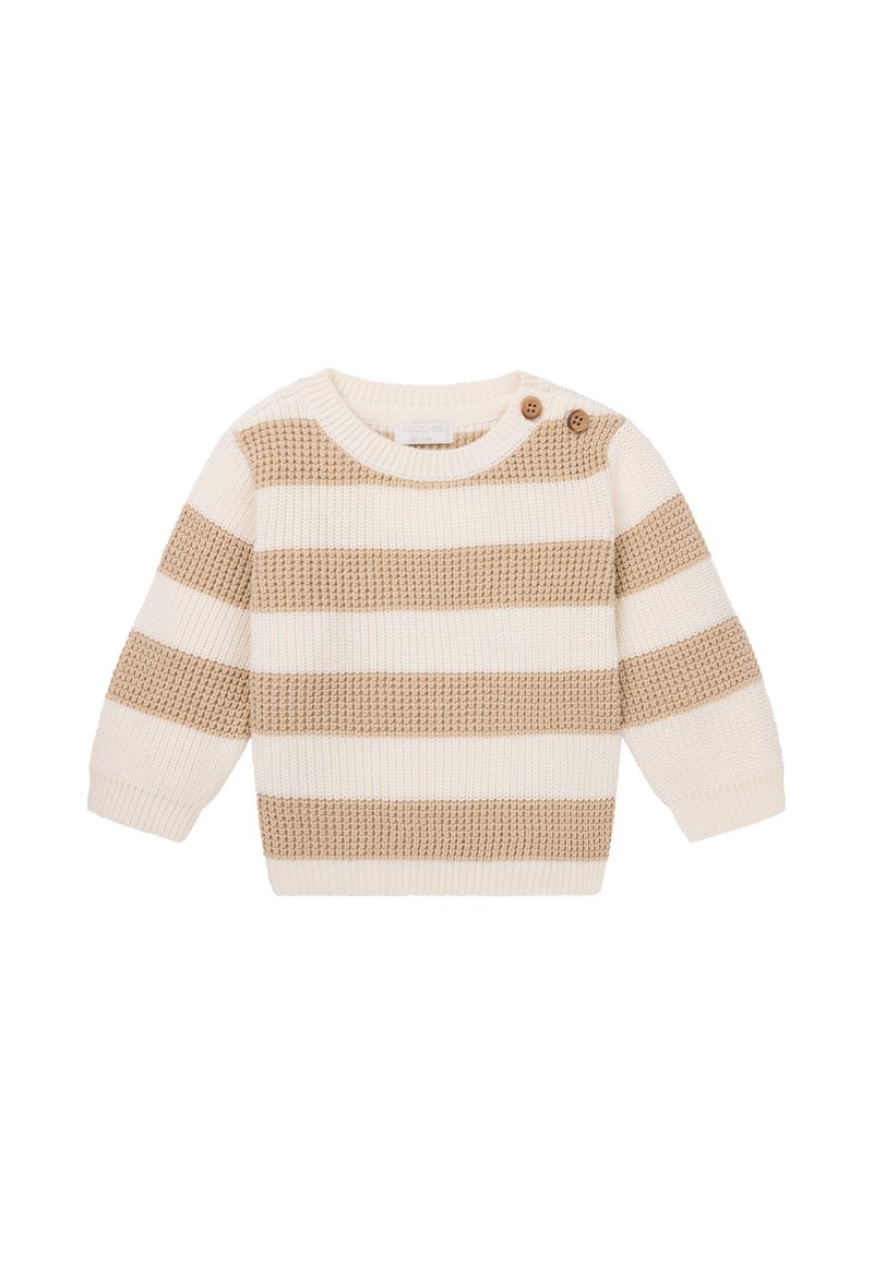 Pull crème clair avec des rayures horizontales beiges, motif de tricot texturé, encolure ronde et deux boutons marron à l'épaule gauche.