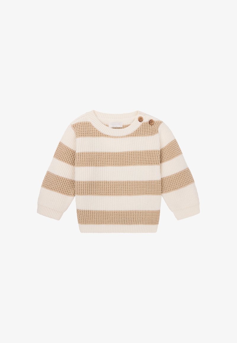Hellbeige Pullover mit beigen horizontalen Streifen, strukturiertem Strickmuster, runden Ausschnitt und zwei braunen Knöpfen an der linken Schulter.