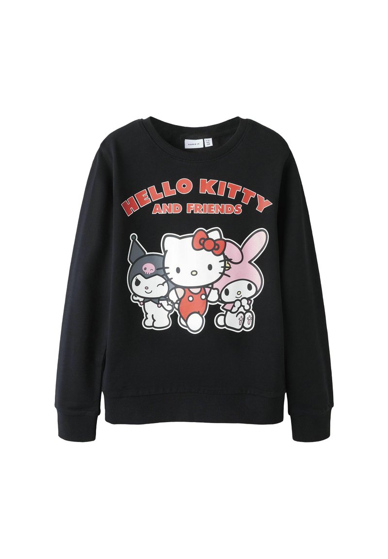 Felpa nera con una grafica colorata di Hello Kitty e dei suoi amici. Collo tondo, maniche lunghe e polsini a coste. Tessuto morbido.