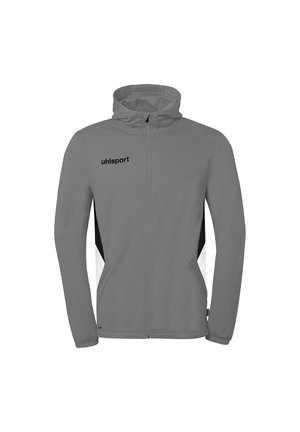 Graue Kapuzenjacke mit durchgehendem Reißverschluss, schwarzen und weißen Seitenpaneelen, elastischen Bündchen, Fronttaschen und "uhlsport"-Logo auf der linken Brust.
