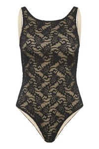 Black floral lace sleeveless bodysuit with nude lining and a scoop neckline.