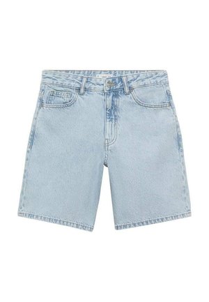 Shorts en denim bleu clair avec une coupe décontractée, design à cinq poches, jambes larges et décoloration légère. Dotés d'un bouton en métal et de passants de ceinture.