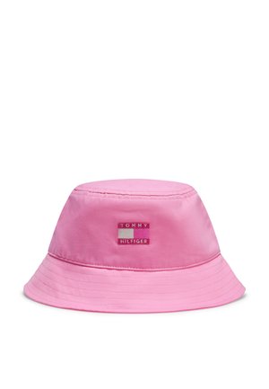 Rosa bøttehatt med bred brem og Tommy Hilfiger-logo midt på fronten.