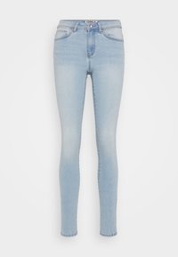 Világoskék, skinny farmernadrág magas derékkal, klasszikus öt zsebes kialakítással és finom elhalványulással a természetes farmer textúra érdekében.