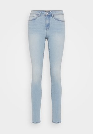 Helle blaue Skinny-Jeans mit hoher Taille, klassischem Fünf-Taschen-Design und subtiler Verblassung für eine natürliche Denim-Textur.