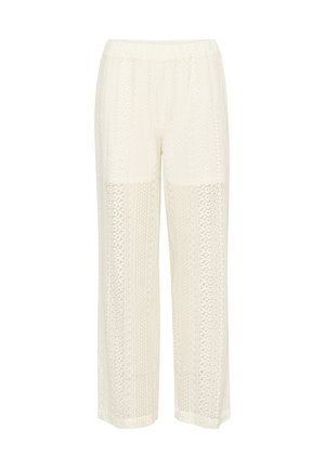 Pantalon large couleur crème avec un design texturé et à motifs, taille élastique et accents en patchwork. Tissu léger et respirant.