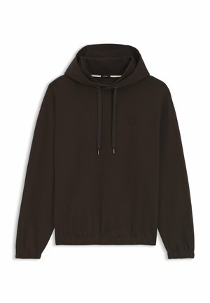 Brown hooded sweatshirt with a relaxed fit, featuring a front pocket, drawstrings, and a small logo patch on the chest. Smooth fabric texture.