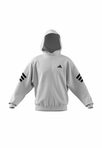 Felpa grigia con zip e cappuccio, dotata di strisce nere a tre sulla manica e di un piccolo logo nero sul petto. Tessuto morbido e texture piacevole.