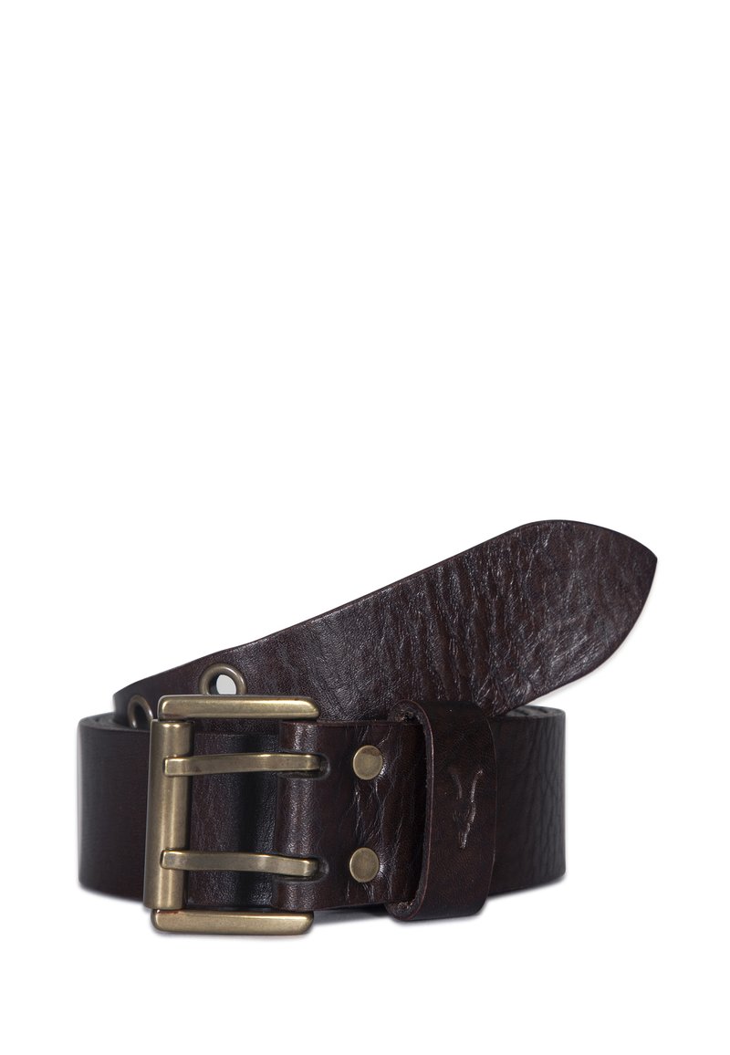 Ceinture en cuir marron avec une finition texturée, dotée d'une boucle en laiton à trois griffes et de deux rivets en métal pour l'ajustement.