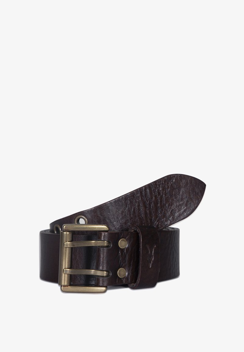 Brown leather belt with a textured finish, featuring a brass buckle with three prongs and two metal rivets for adjustment.