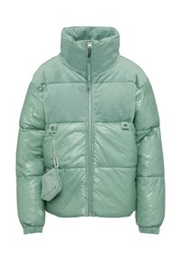 Mintgroene pufferjack met een mix van glanzende en geribbelde texturen, hoge kraag, rits aan de voorkant en een bevestigde tas met kettingdetail.
