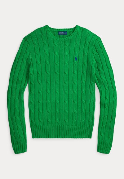 Zöld, hosszú ujjú, kötött fonott mintás pulóver, kerek nyakkivágással és a mellrészen kis kék hímzett Polo Ralph Lauren logóval.