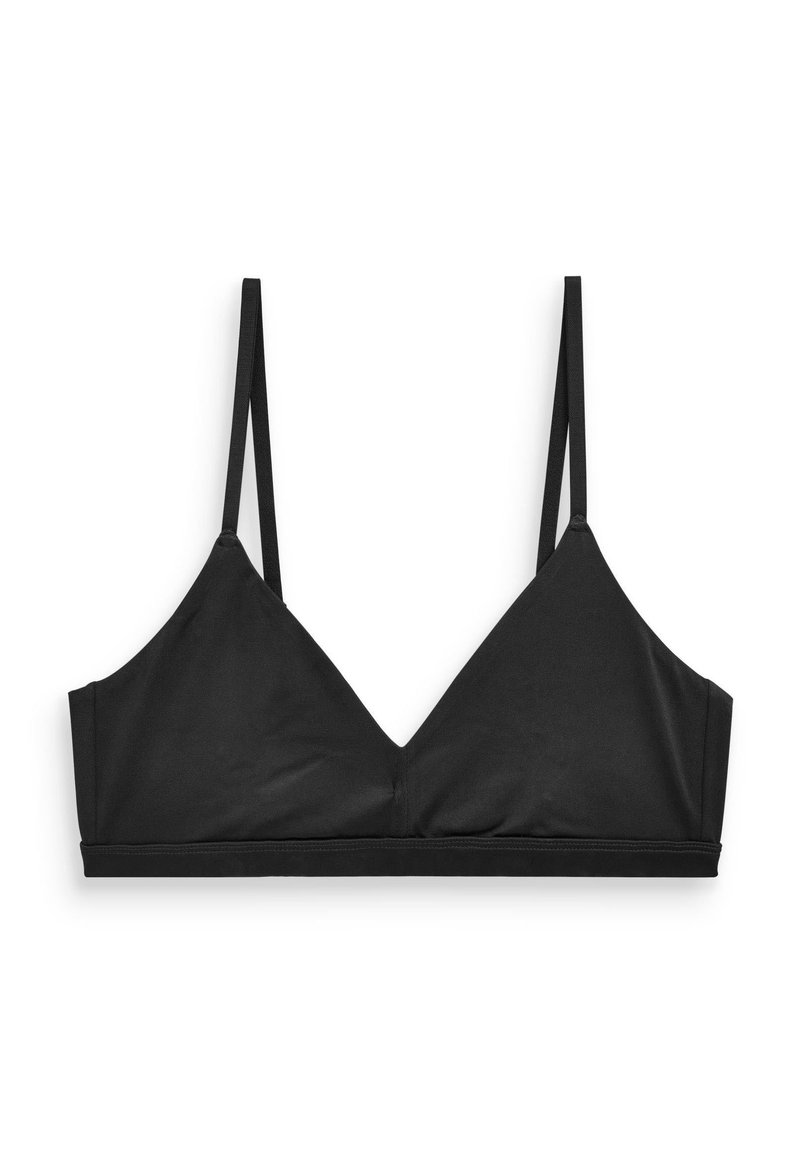 Čierny bralet s V-výstrihom, tenkými nastaviteľnými ramienkami a bezšvovou úpravou. Vyrobený z mäkkého, elastického materiálu pre pohodlie.