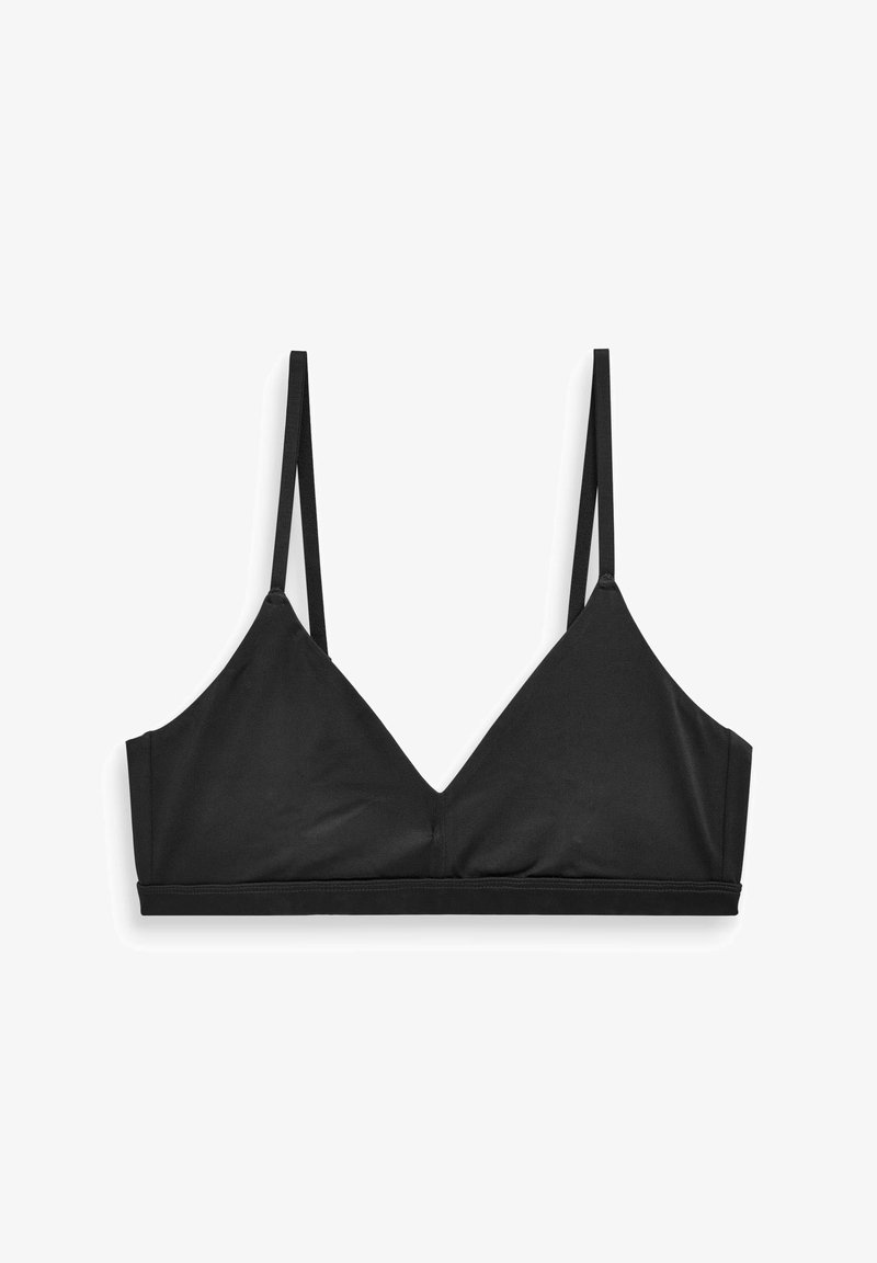 Bralette nera con design a V, spalline sottili e regolabili, e finitura senza cuciture. Realizzata in tessuto morbido ed elastico per il massimo comfort.