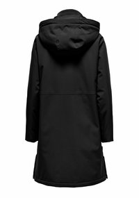 Svart vattentät jacka med huva, långa ärmar och rak skärning. Slät yta med sidospjäll för ventilation.