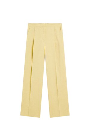 Pantaloni in lino giallo chiaro con un design a gamba larga, caratterizzati da pieghe e una texture liscia. La vita è pulita e rifinita.